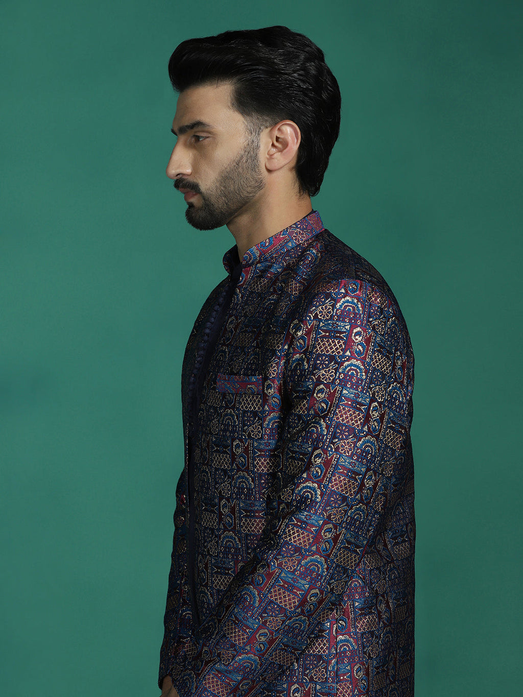 Zavaya Navy Blue Embroidery Jacquard Kurta Sherwani Dhoti Set for Men | Grocsy