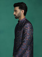 Zavaya Navy Blue Embroidery Jacquard Kurta Sherwani Dhoti Set for Men | Grocsy