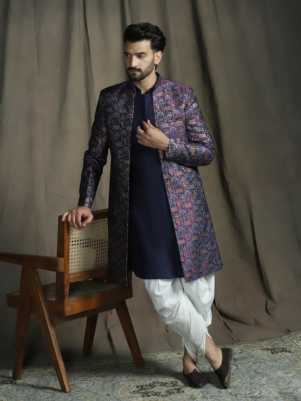 Zavaya Navy Blue Embroidery Jacquard Kurta Sherwani Dhoti Set for Men | Grocsy