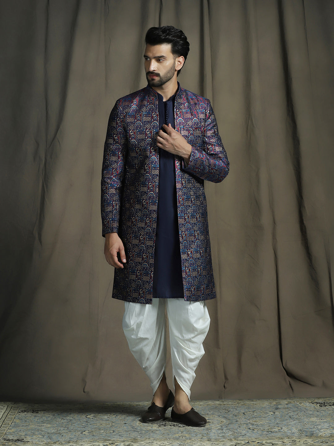 Zavaya Navy Blue Embroidery Jacquard Kurta Sherwani Dhoti Set for Men | Grocsy