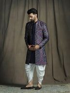 Zavaya Navy Blue Embroidery Jacquard Kurta Sherwani Dhoti Set for Men | Grocsy