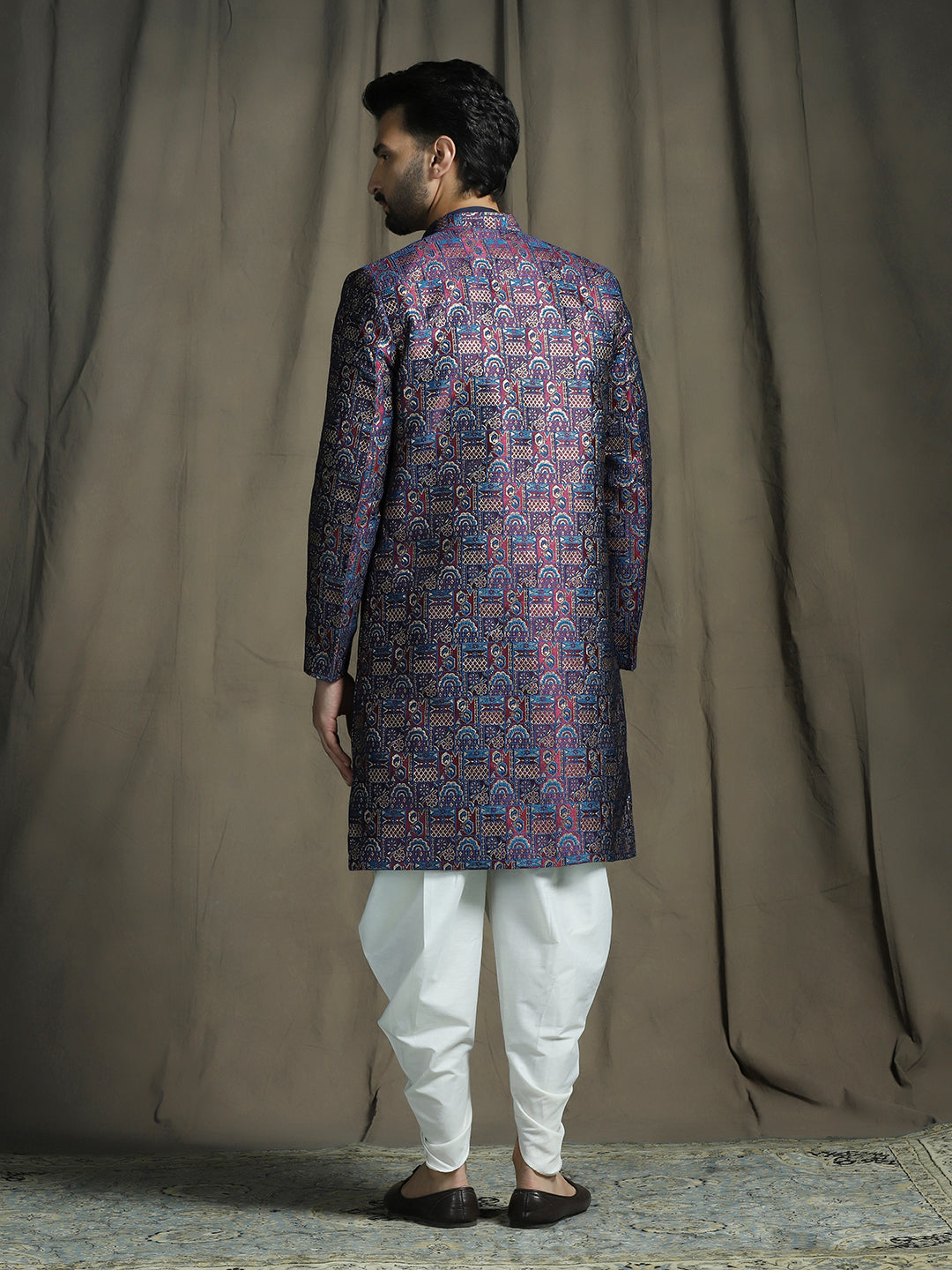 Zavaya Navy Blue Embroidery Jacquard Kurta Sherwani Dhoti Set for Men | Grocsy