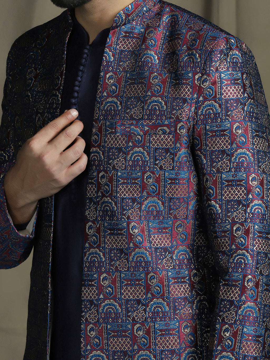 Zavaya Navy Blue Embroidery Jacquard Kurta Sherwani Dhoti Set for Men | Grocsy