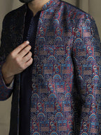 Zavaya Navy Blue Embroidery Jacquard Kurta Sherwani Dhoti Set for Men | Grocsy