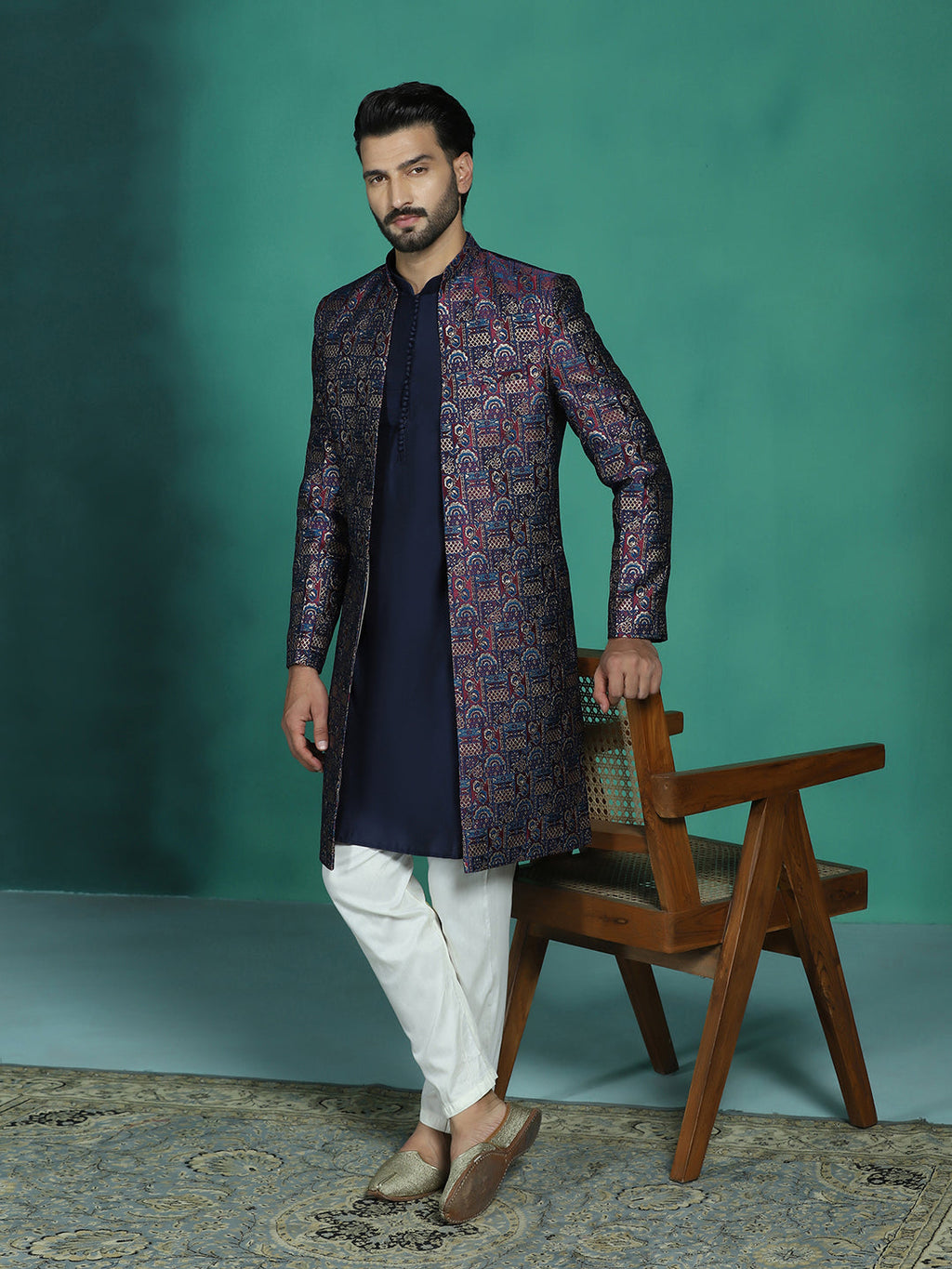 Zavaya Navy Blue Embroidery Jacquard Kurta Sherwani Pyjama Set for Men | Grocsy