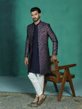 Zavaya Navy Blue Embroidery Jacquard Kurta Sherwani Pyjama Set for Men | Grocsy
