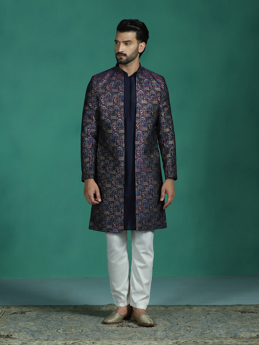 Zavaya Navy Blue Embroidery Jacquard Kurta Sherwani Pyjama Set for Men | Grocsy