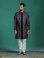 Zavaya Navy Blue Embroidery Jacquard Kurta Sherwani Pyjama Set for Men | Grocsy