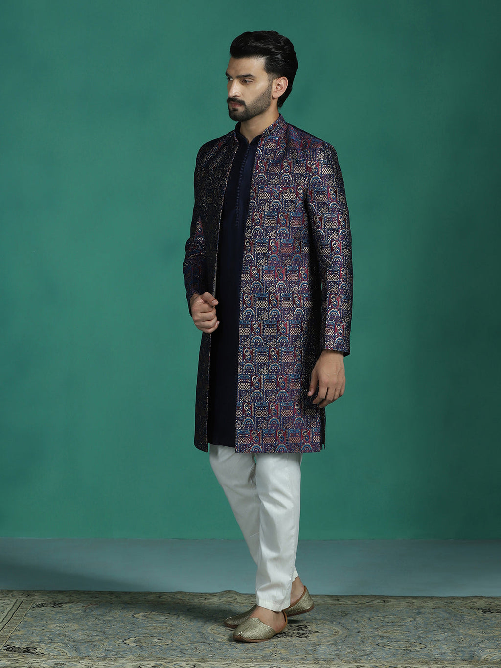Zavaya Navy Blue Embroidery Jacquard Kurta Sherwani Pyjama Set for Men | Grocsy