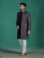 Zavaya Navy Blue Embroidery Jacquard Kurta Sherwani Pyjama Set for Men | Grocsy