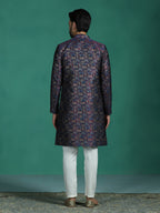 Zavaya Navy Blue Embroidery Jacquard Kurta Sherwani Pyjama Set for Men | Grocsy