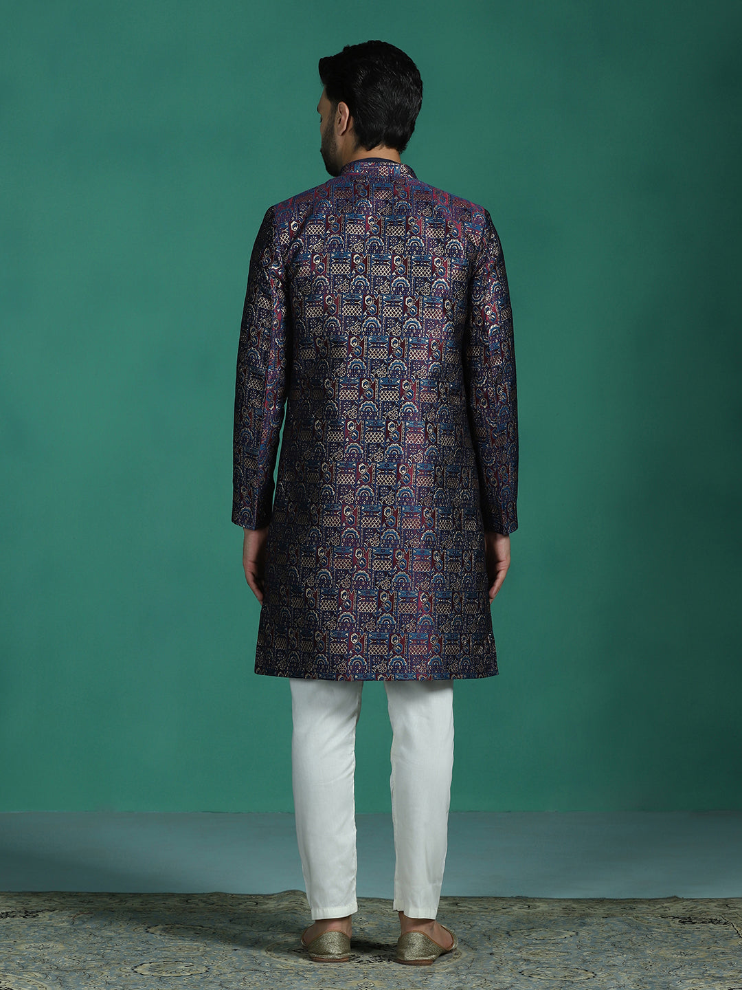 Zavaya Navy Blue Embroidery Jacquard Kurta Sherwani Pyjama Set for Men | Grocsy