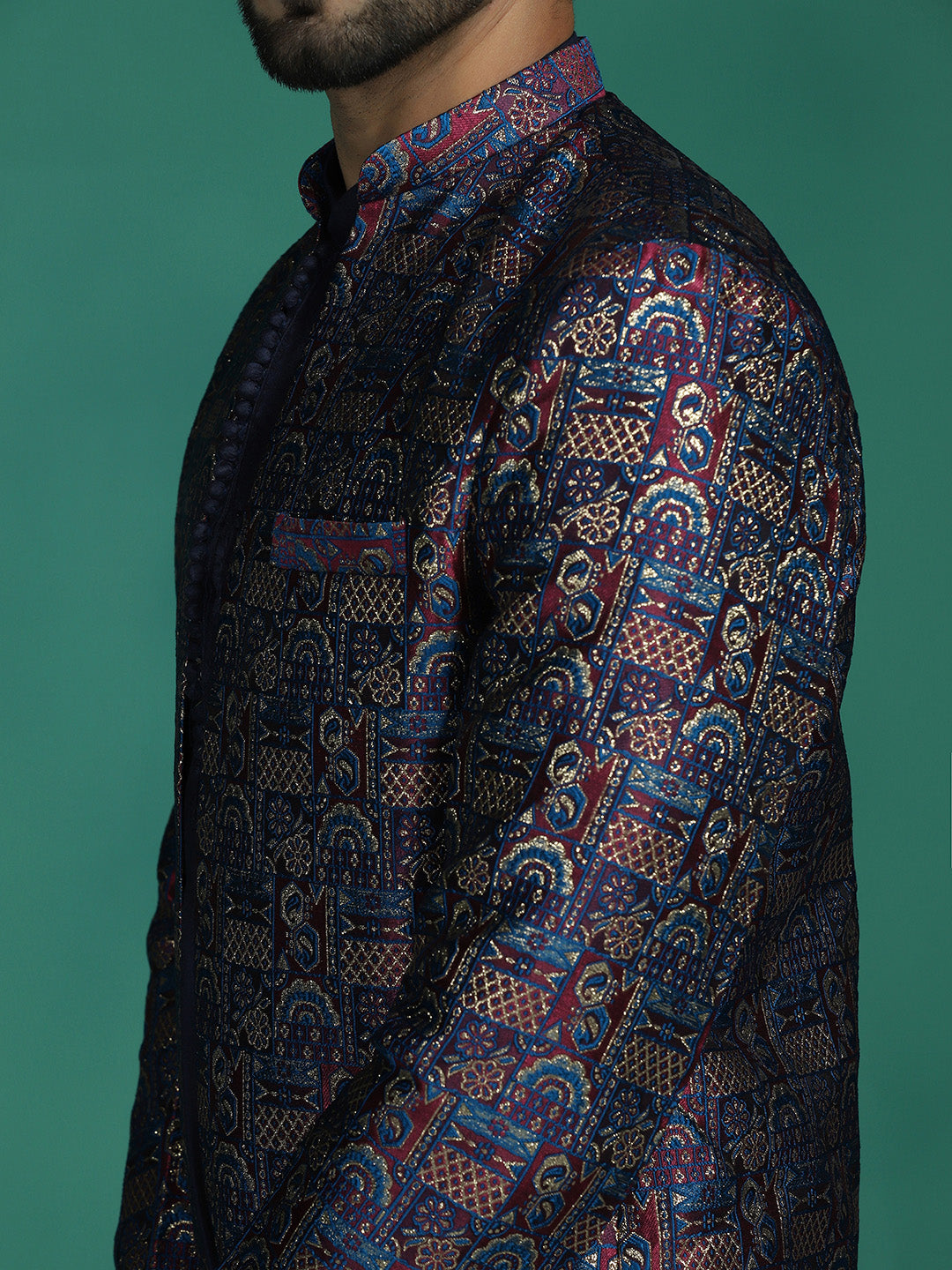 Zavaya Navy Blue Embroidery Jacquard Kurta Sherwani Pyjama Set for Men | Grocsy