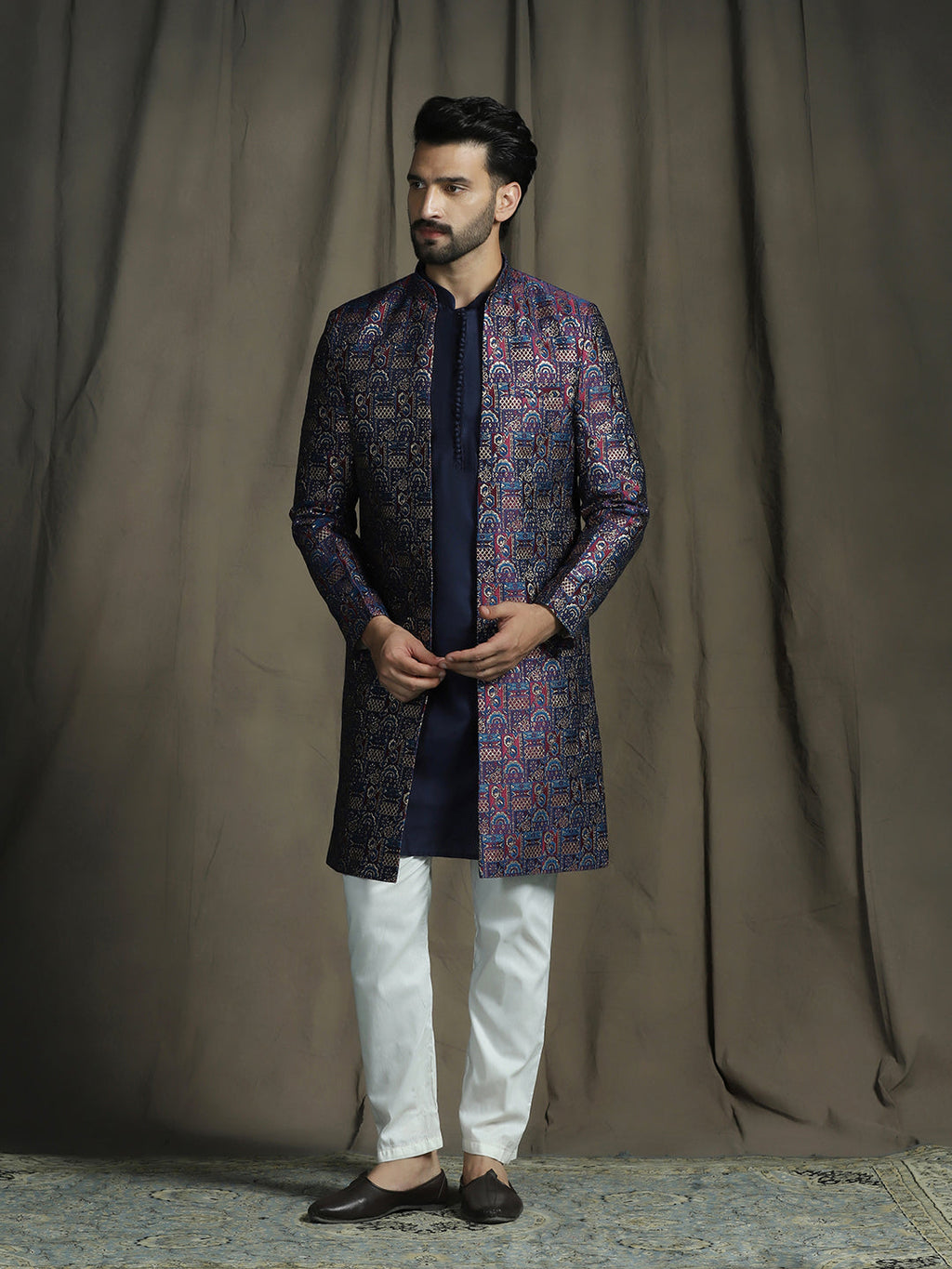 Zavaya Navy Blue Embroidery Jacquard Kurta Sherwani Pyjama Set for Men | Grocsy