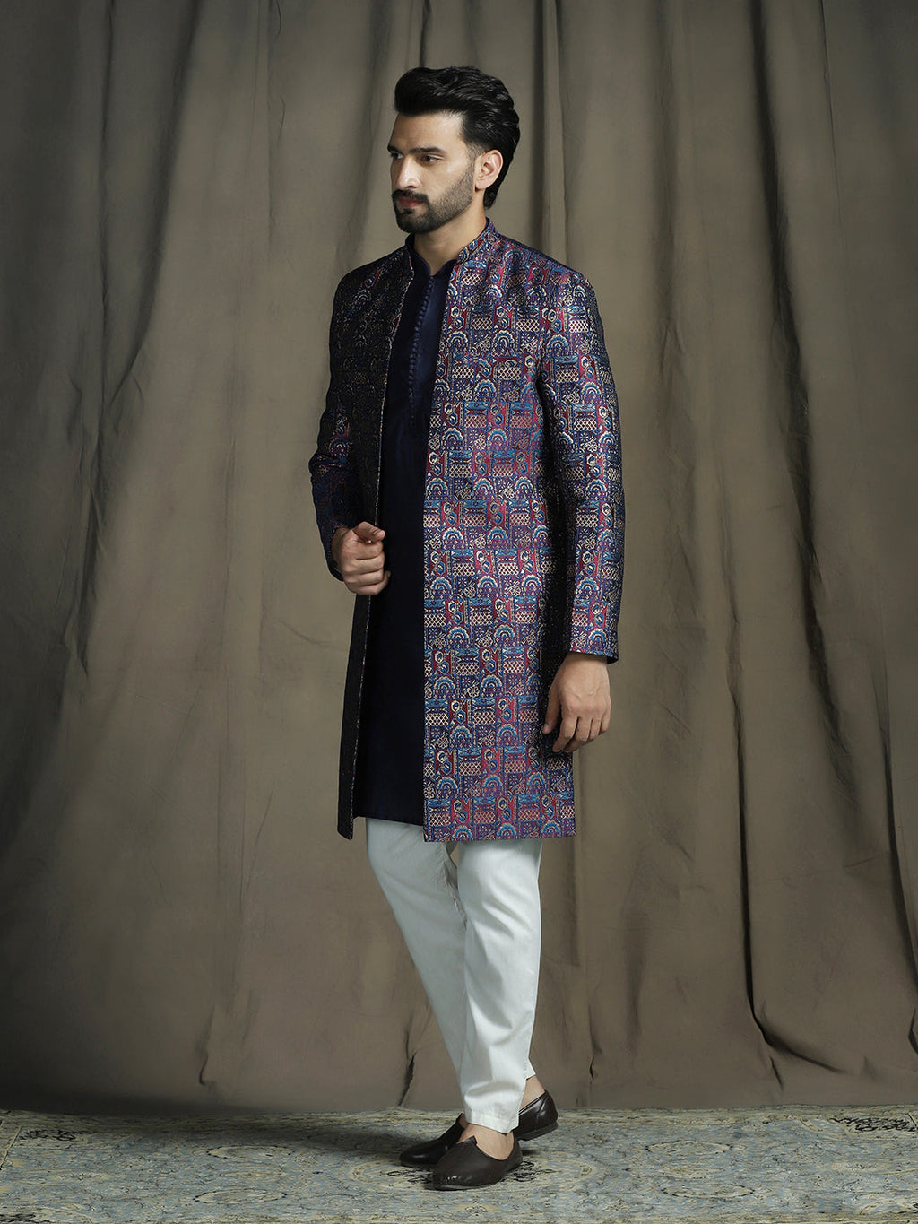 Zavaya Navy Blue Embroidery Jacquard Kurta Sherwani Pyjama Set for Men | Grocsy