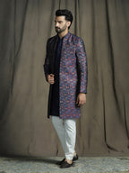 Zavaya Navy Blue Embroidery Jacquard Kurta Sherwani Pyjama Set for Men | Grocsy