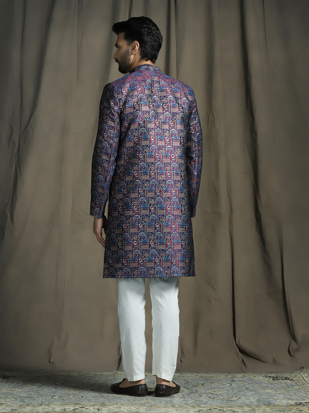 Zavaya Navy Blue Embroidery Jacquard Kurta Sherwani Pyjama Set for Men | Grocsy