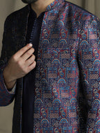 Zavaya Navy Blue Embroidery Jacquard Kurta Sherwani Pyjama Set for Men | Grocsy