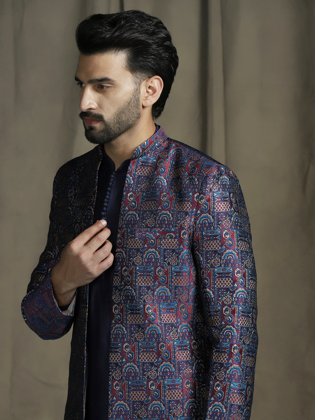 Zavaya Navy Blue Embroidery Jacquard Kurta Sherwani Pyjama Set for Men | Grocsy