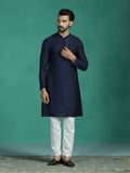 Zavaya Navy Blue Plain Polyester Viscose Kurta Pyjama Set for Men | Grocsy