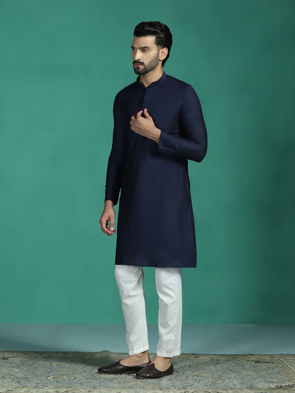 Zavaya Navy Blue Plain Polyester Viscose Kurta Pyjama Set for Men | Grocsy