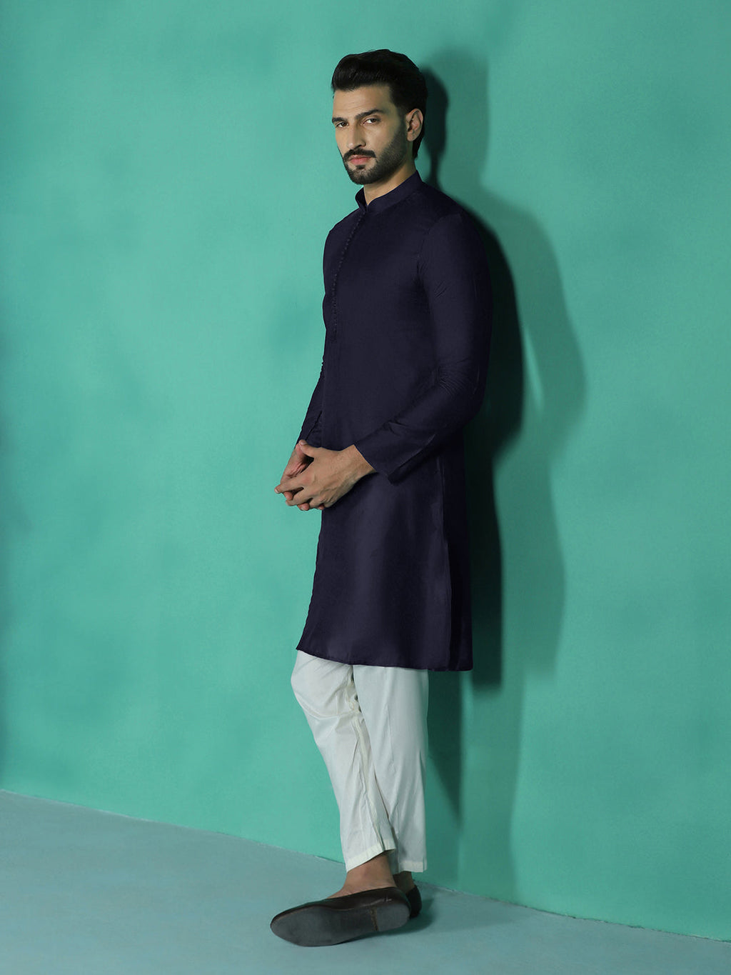 Zavaya Navy Blue Plain Polyester Viscose Kurta Pyjama Set for Men | Grocsy