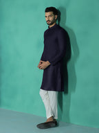 Zavaya Navy Blue Plain Polyester Viscose Kurta Pyjama Set for Men | Grocsy