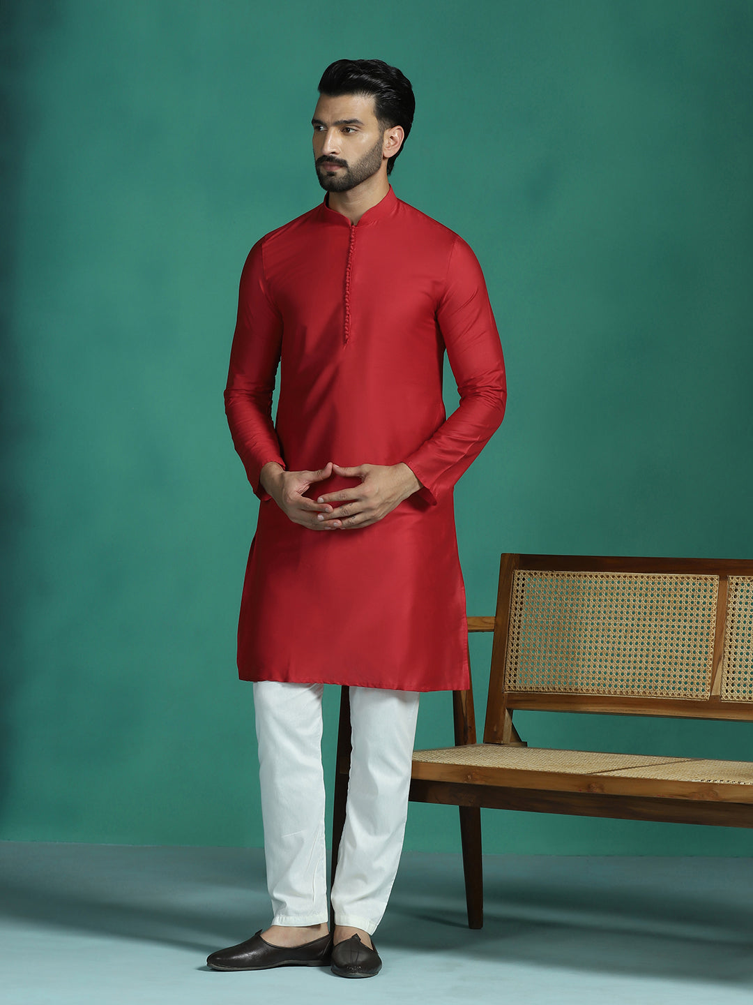 Zavaya Red Plain Polyester Viscose Kurta Pyjama Set for Men | Grocsy