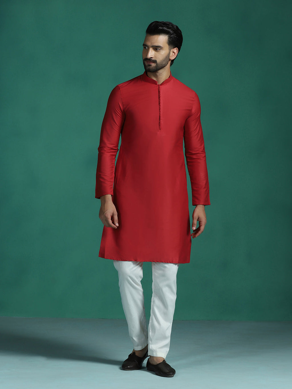 Zavaya Red Plain Polyester Viscose Kurta Pyjama Set for Men | Grocsy