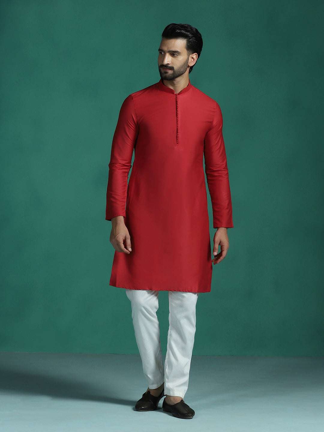 Zavaya Red Plain Polyester Viscose Kurta Pyjama Set for Men | Grocsy