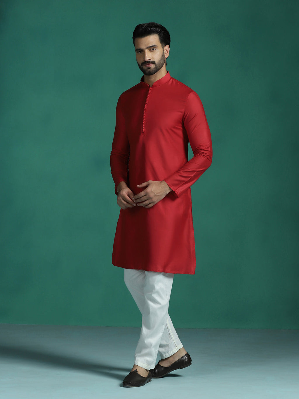 Zavaya Red Plain Polyester Viscose Kurta Pyjama Set for Men | Grocsy