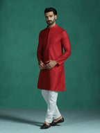 Zavaya Red Plain Polyester Viscose Kurta Pyjama Set for Men | Grocsy