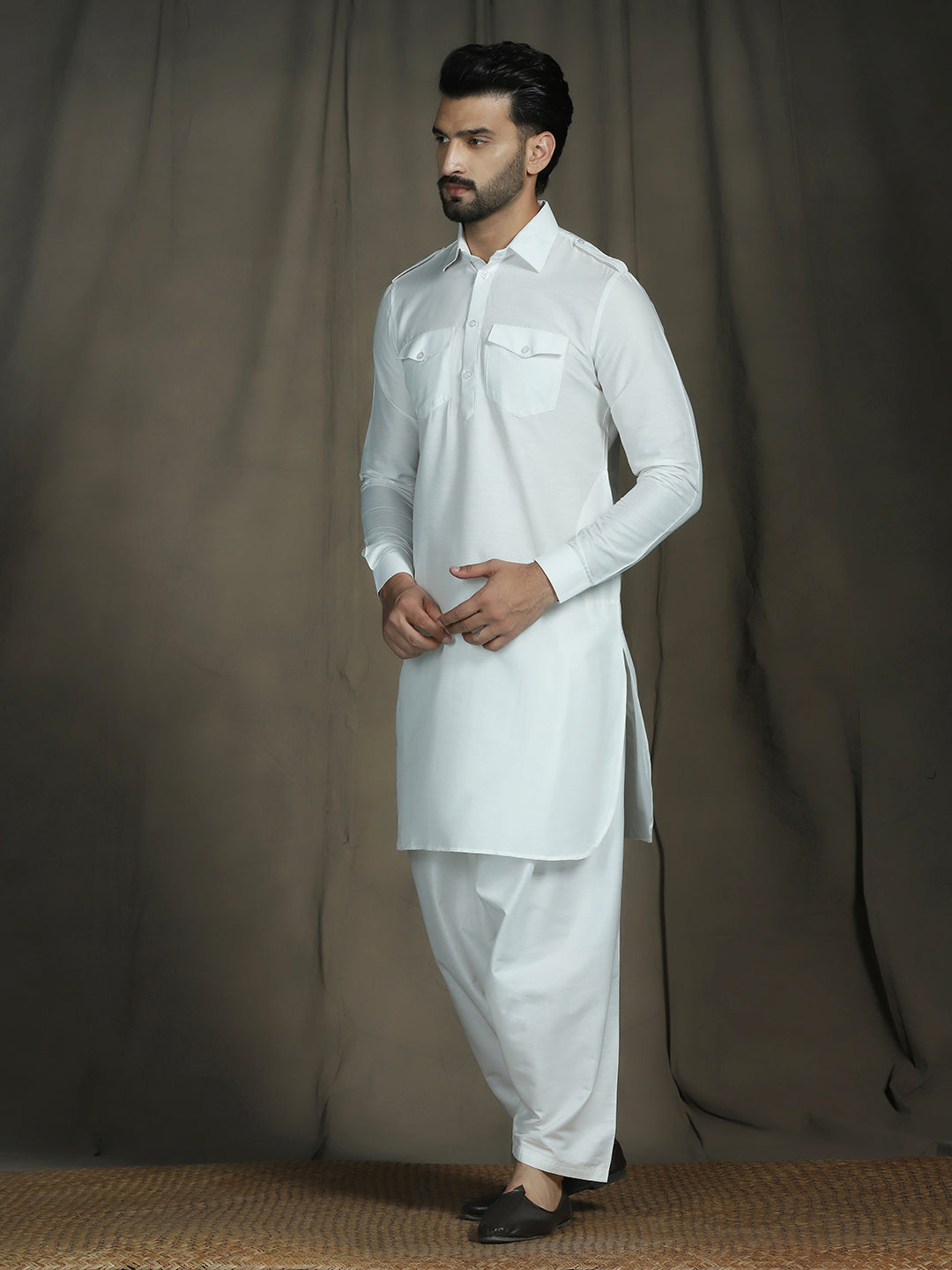 Zavaya White Plain Polyester Viscose Kurta Salwar Set for Men | Grocsy
