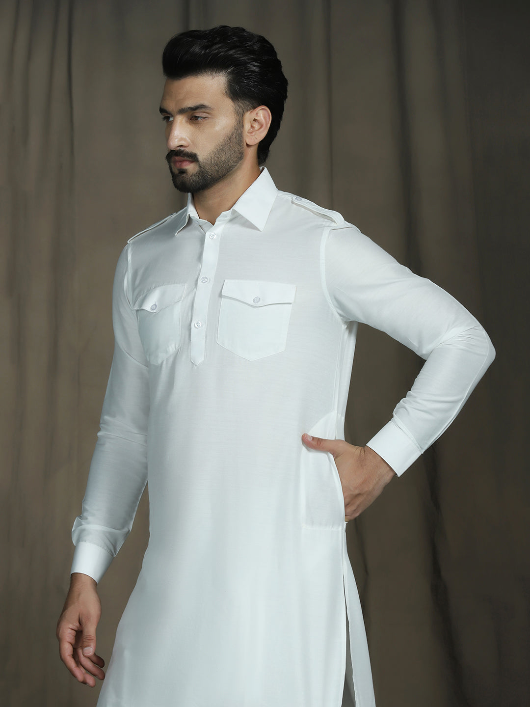 Zavaya White Plain Polyester Viscose Kurta Salwar Set for Men | Grocsy