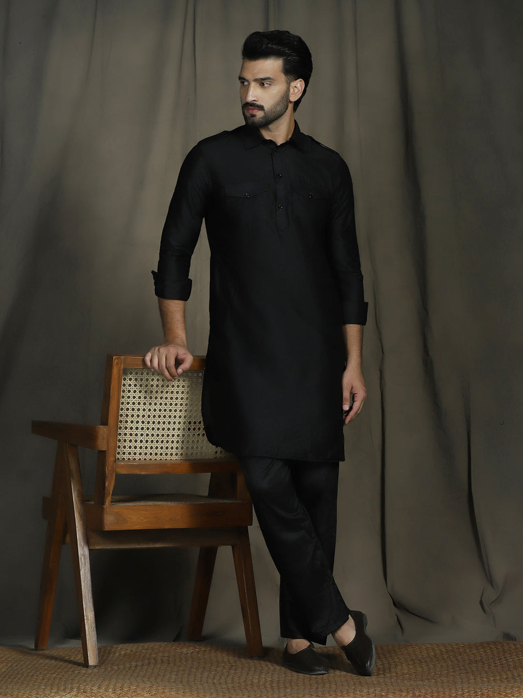 Zavaya Black Plain Polyester Viscose Kurta Salwar Set for Men | Grocsy