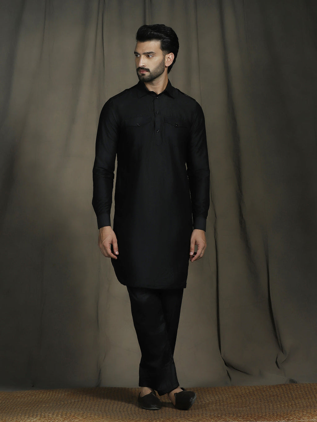 Zavaya Black Plain Polyester Viscose Kurta Salwar Set for Men | Grocsy