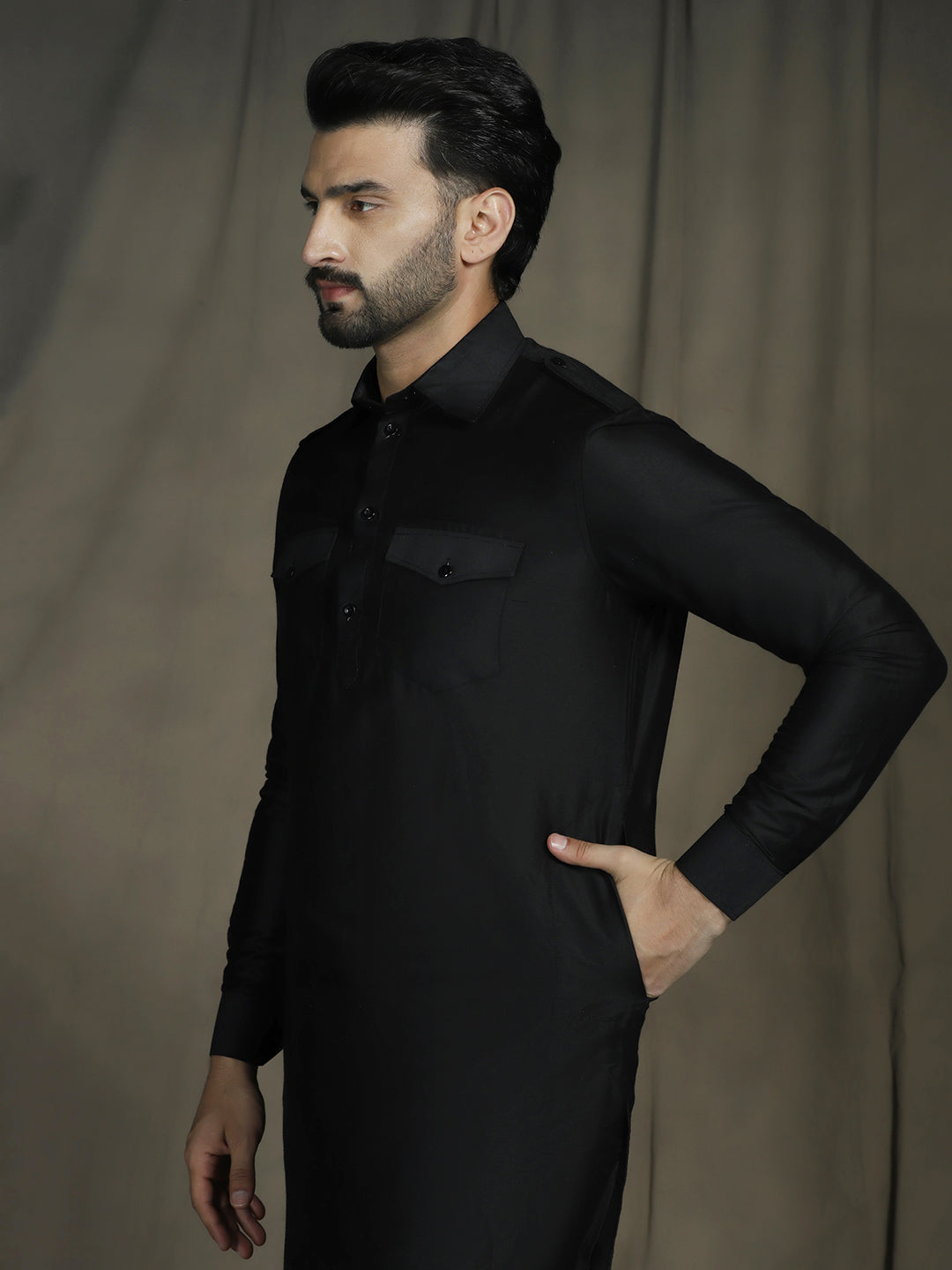 Zavaya Black Plain Polyester Viscose Kurta Salwar Set for Men | Grocsy