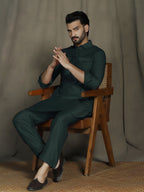 Zavaya Deep Green Plain Polyester Viscose Kurta Salwar Set for Men | Grocsy