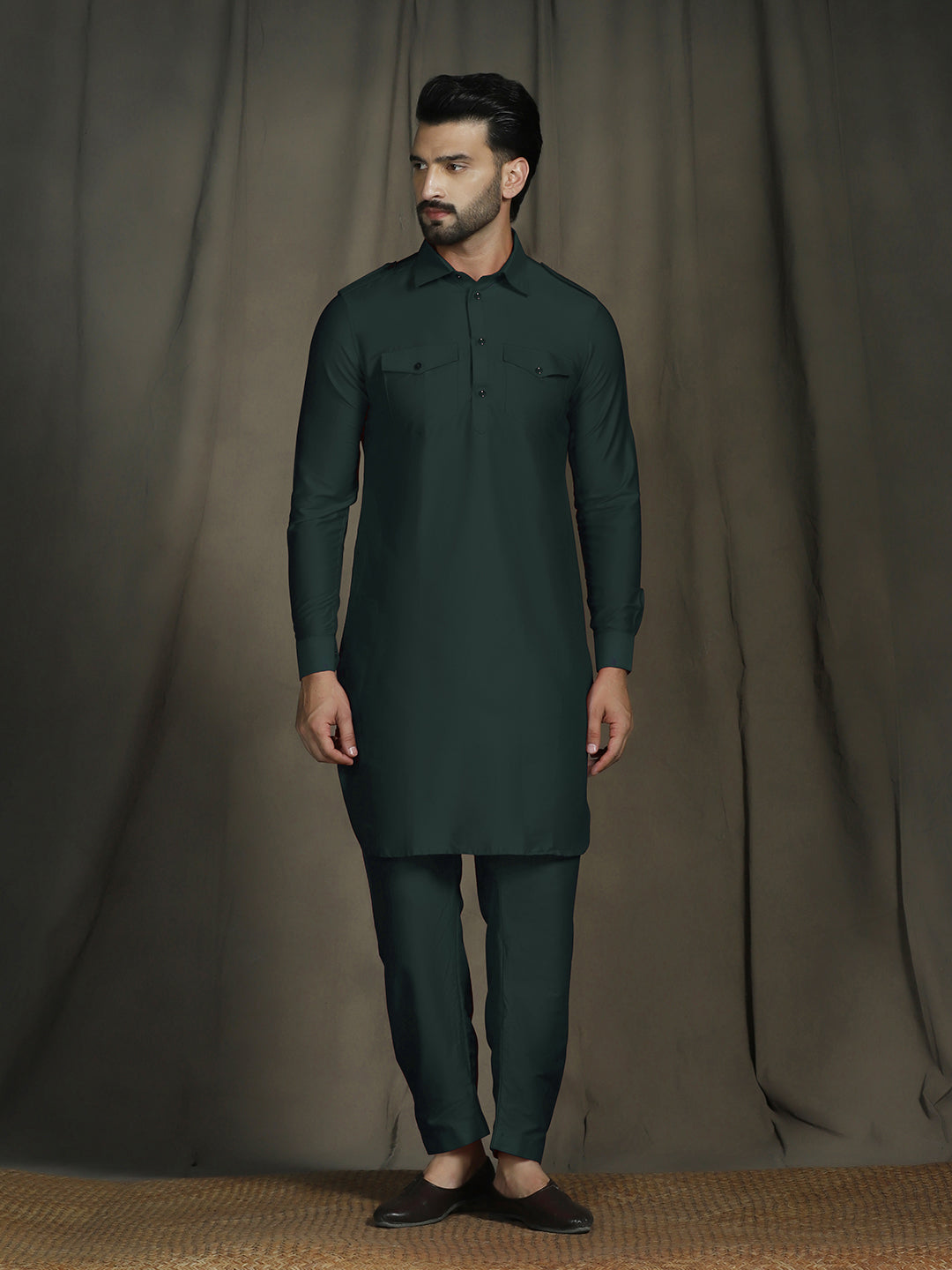 Zavaya Deep Green Plain Polyester Viscose Kurta Salwar Set for Men | Grocsy