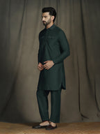 Zavaya Deep Green Plain Polyester Viscose Kurta Salwar Set for Men | Grocsy