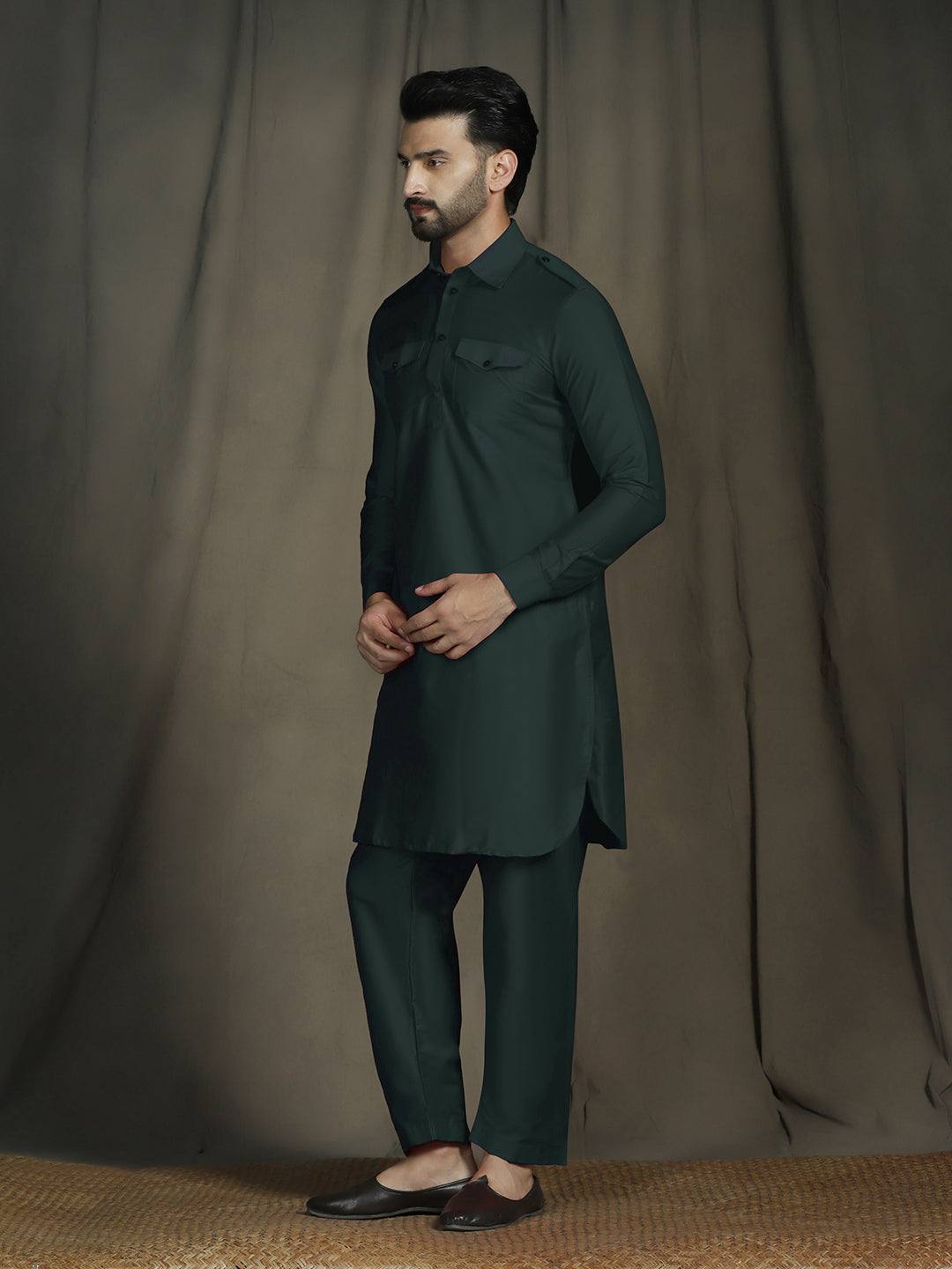 Zavaya Deep Green Plain Polyester Viscose Kurta Salwar Set for Men | Grocsy
