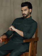 Zavaya Deep Green Plain Polyester Viscose Kurta Salwar Set for Men | Grocsy