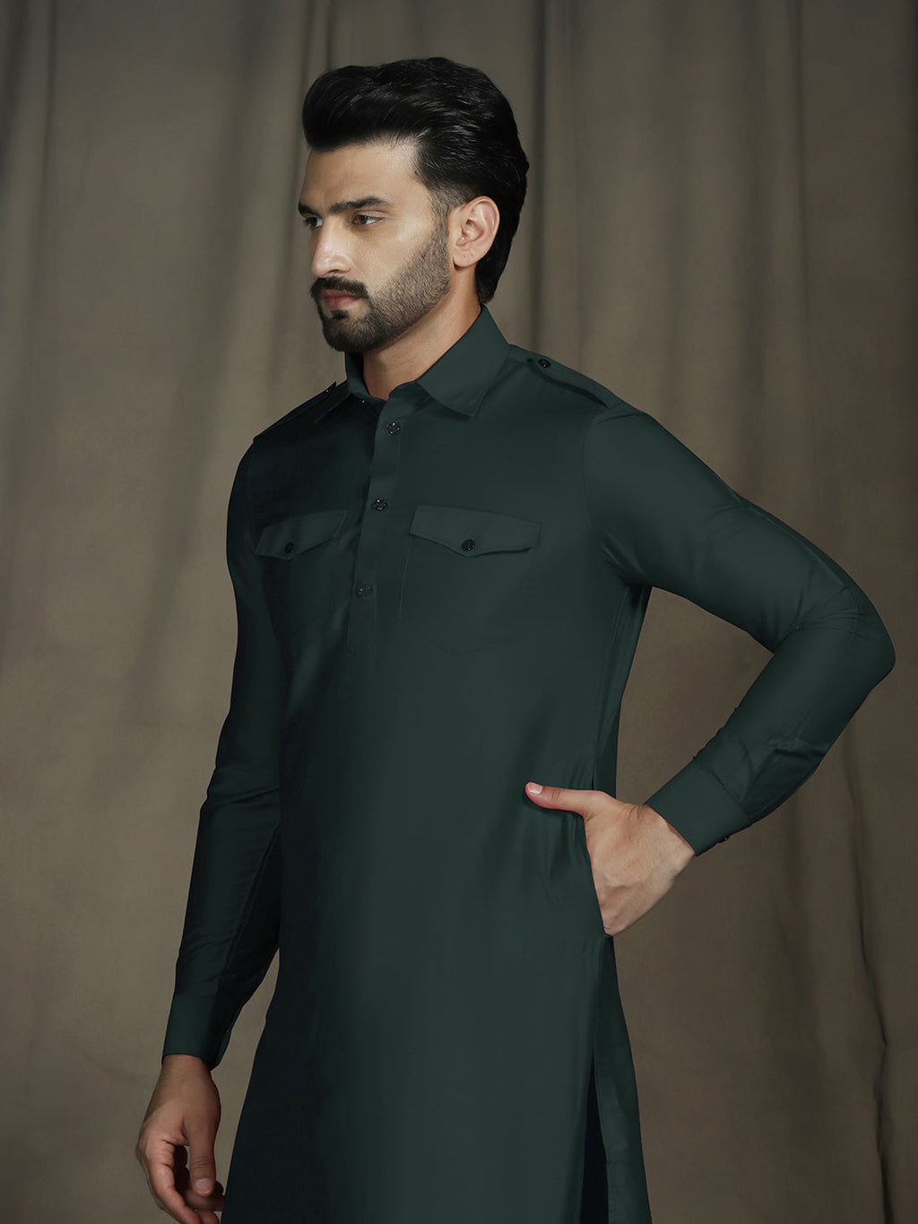 Zavaya Deep Green Plain Polyester Viscose Kurta Salwar Set for Men | Grocsy
