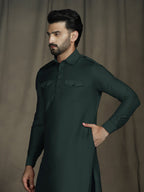 Zavaya Deep Green Plain Polyester Viscose Kurta Salwar Set for Men | Grocsy