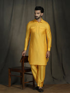Zavaya Yellow Plain Polyester Viscose Kurta Salwar Set for Men | Grocsy