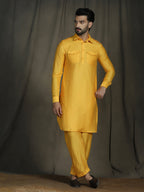 Zavaya Yellow Plain Polyester Viscose Kurta Salwar Set for Men | Grocsy
