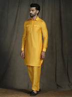 Zavaya Yellow Plain Polyester Viscose Kurta Salwar Set for Men | Grocsy