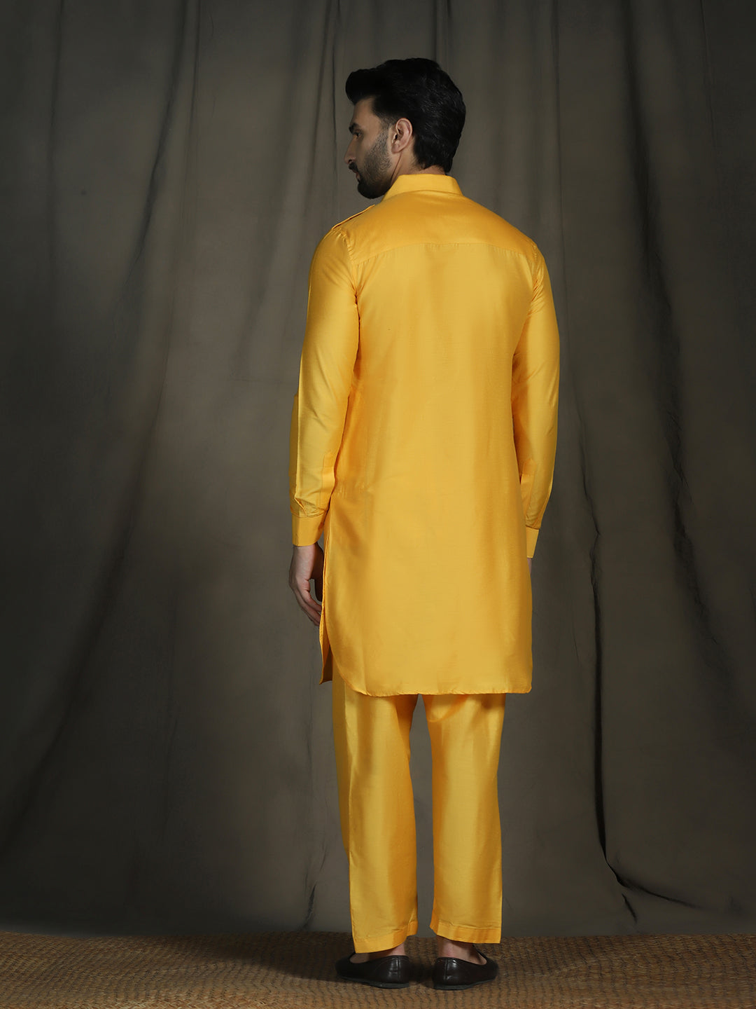 Zavaya Yellow Plain Polyester Viscose Kurta Salwar Set for Men | Grocsy