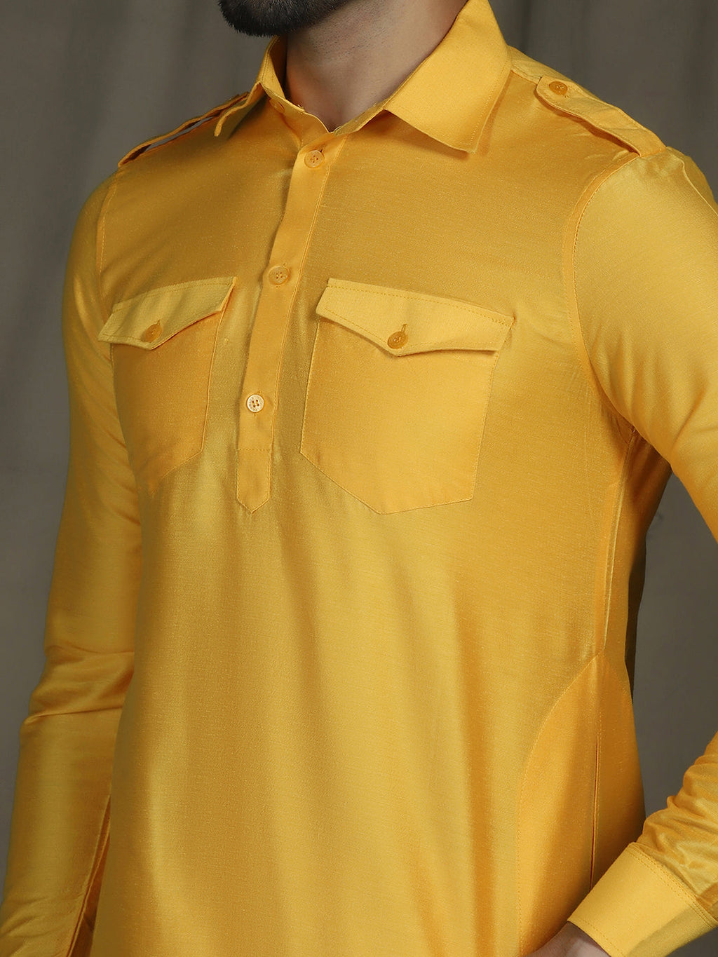 Zavaya Yellow Plain Polyester Viscose Kurta Salwar Set for Men | Grocsy