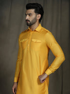 Zavaya Yellow Plain Polyester Viscose Kurta Salwar Set for Men | Grocsy